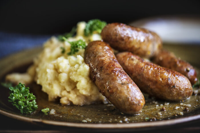 Children's sausages, mash and vegetables